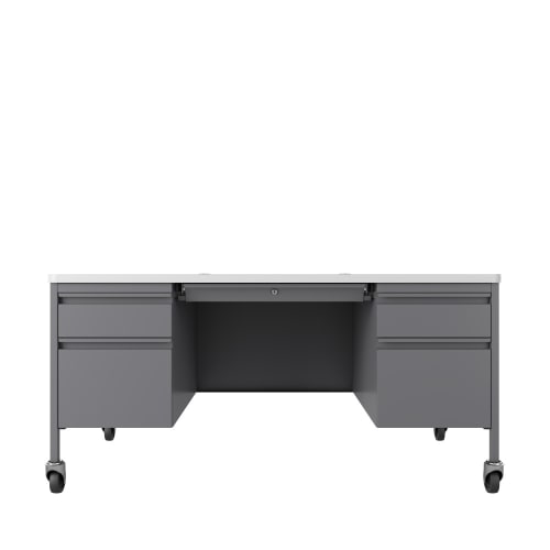 Hirsh 30x60 Mobile Double Pedestal File Desk with Rounded Corner T-Mold Top for Schools, Platinum